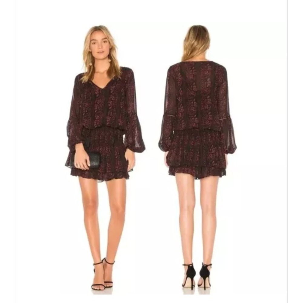 REVOLVE ASTR the Label Stella Mini‎ Dress in Black Wine Floral S Smocked Tiered